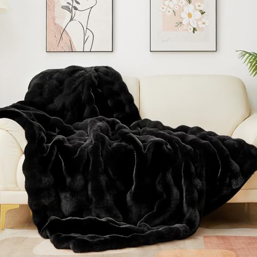 Latepis Soft Black Faux Fur Bubble Blanket, Fuzzy Warm Cozy Twin Blankets for Couch, Plush Fluffy Blankets for Sofa and Bedroom, Throw Blanket, 60” x 80”, 860GSM - color: Black, size: Twin-60''*80''