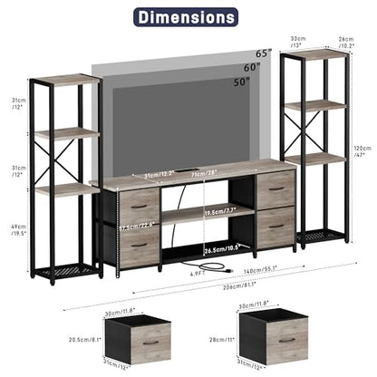 Yenlure LED TV Stand Bookshelf Combo with Charging Station for 65 60 55 Inch TV, Entertainment Center with Lights & Drawers, Industrial Media TV Console Table for Living Room Bedroom Office, Greige - color: Greige