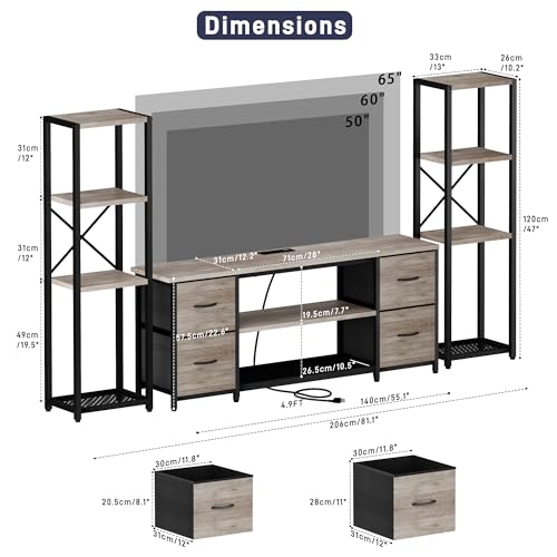 Yenlure LED TV Stand Bookshelf Combo with Charging Station for 65 60 55 Inch TV, Entertainment Center with Lights & Drawers, Industrial Media TV Console Table for Living Room Bedroom Office, Greige - color: Greige