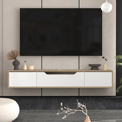 Atelier Mobili Floating TV Stand for Up to 80 Inch TVs – Wall Mounted Media Console with Handle-Free Doors – Modern Entertainment Center with Hidden Storage – White and Oak Finishes (Oak/White) - color: Oak / White