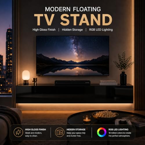 63" Floating LED TV Stands for Living Room w/ Storage, Entertainment Center | Fits TVs up to 70", Glossy Front, Hidden Storage, Wall Mounted, Cable Management, RGB LED, Easy to Clean, Modern Style - color: Black
