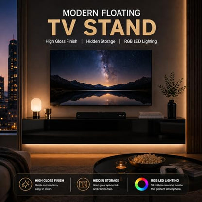 63" Floating LED TV Stands for Living Room w/ Storage, Entertainment Center | Fits TVs up to 70", Glossy Front, Hidden Storage, Wall Mounted, Cable Management, RGB LED, Easy to Clean, Modern Style - color: Black