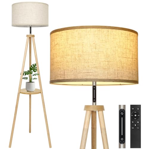 OUTON Wood Tripod Floor Lamp with Shelves, Mid Century LED Modern Dimmable Floor Lamp with Remote Control, Sturdy Tall Standing Lamp with Beige Lamp Shade for Living Room, Bedroom, Office - color: Wood & Touch Control