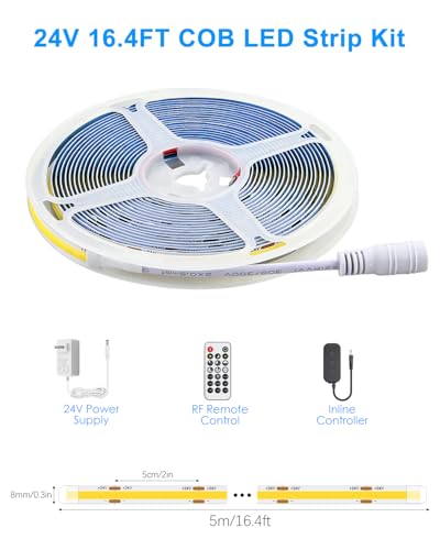 ALITOVE 16.4FT COB LED Strip Lights 24V Warm White 3000K with APP Remote | Strong Adhesive LED Tape Light, Flexible Cuttable LED Light Strip, Bright & Dimmable, for Bedroom Cabinet Kitchen Backlight - color: 3000K Warm White, size: 16.4FT