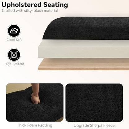 Upholstered Entryway Bench, 43" Modern Bedroom Bench, Black | Sherpa Fleece, Curved Armrests, Solid Wood Frame, End of Bed, Bedroom, Living Room, Hallway - color: Black-sherpa, size: 43"