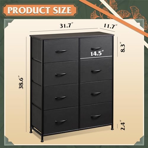 WLIVE Fabric Dresser for Bedroom, Tall Dresser with 8 Drawers, Storage Tower with Fabric Bins, Double Dressers, Chest of Drawers for Closet, Living Room, Hallway, Charcoal Black | Black tall 8-drawer fabric dresser with bins, sleek modern tower for bedroo