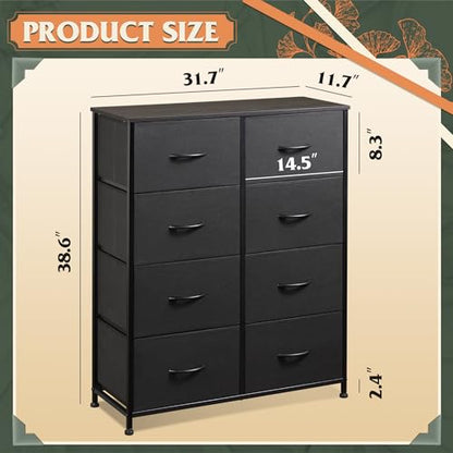 WLIVE Fabric Dresser for Bedroom, Tall Dresser with 8 Drawers, Storage Tower with Fabric Bins, Double Dressers, Chest of Drawers for Closet, Living Room, Hallway, Charcoal Black | Black tall 8-drawer fabric dresser with bins, sleek modern tower for bedroo