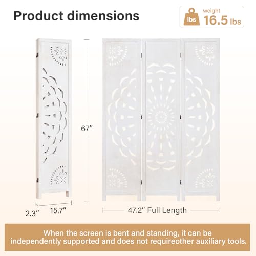 66.9Inch Wooden Room Partition - 3 Panels Boho-Styled Space Room Divider for Home/Office, Headboard & Yoga/Photo/Video Call Backdrop (White) - color: White, size: 3 Panels