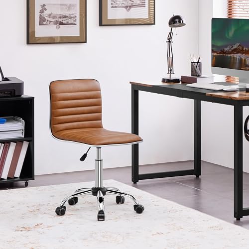 Topeakmart Ribbed PU Leather Armless Desk Chair, Swivel Chair, Retro Brown | Cushioned ribbed PU leather low-back seat slides neatly under desks. Seat height adjusts 18.3–24.2 in, quick assembly for use - color: Retro Brown