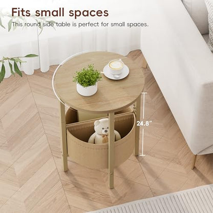 Small Round Side Table End Table, Tall Accent Table with Storage Basket, Set of 2 Half Round Tables Half Moon Tables, Coffee Bedside Tables, Modern Nightstand for Living Room Bedroom,Natural - color: Natural Walnut