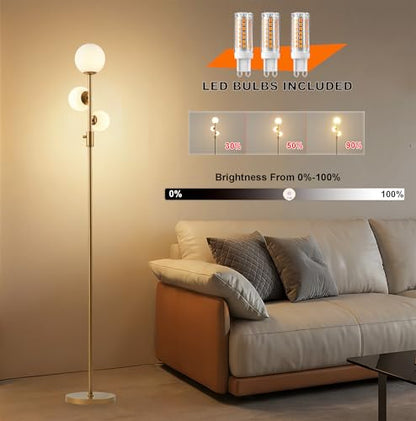 Fiqevs Dimmable 3 Globe Floor Lamp - Mid Century Modern Gold Standing Lamp with Frosted Glass Shade & LED Bulbs for Living Room, Bedroom, Office - color: 3 Globe- DM Gold