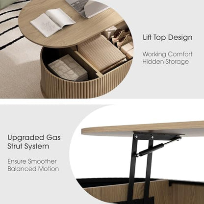 SULIVES Oval Coffee Table with Storage,Multifunctional Lift Top Drum Coffee Table, Small Fluted Center Table for Living Room, Oak - color: Oak_oval