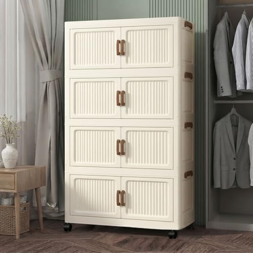359QT Modular Stackable Storage Cabinet, Rolling Lidded Storage Containers with Wheels, Collapsible Drawer Storage Bins for Clothes, Toys, Bedroom, Dorm Room Organization, Cream White（4 Pack） - size: 4 Pack 27 L x 15 W x 53 H