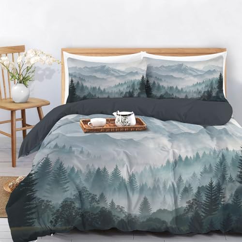Duvet Cover,Microfiber Reversible Mist-shrouded tranquil forest California King Duvet Cover Set with Zipper Closure,3 Pieces Soft & Breathable Snow Mountain Range Bedding Set with 2 Pillow Shams - size: California King（104 x 98 in）
