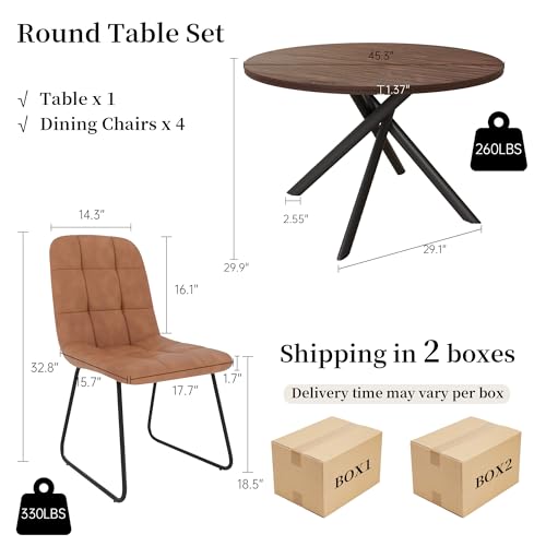 HIPIHOM 45.3 Inch Round Dining Table Set for 4, Mid Century Modern Small Coffee Set for Dining Room Kitchen Apartment (Dark Walnut Table + 4 U-Shaped Brown Chairs) - color: Walnut Table+4 U-shaped Brown Chairs