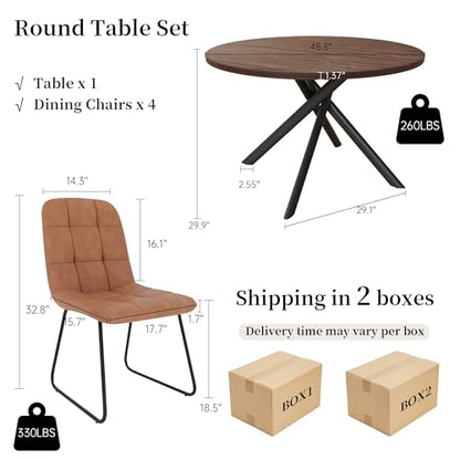 HIPIHOM 45.3 Inch Round Dining Table Set for 4, Mid Century Modern Small Coffee Set for Dining Room Kitchen Apartment (Dark Walnut Table + 4 U-Shaped Brown Chairs) - color: Walnut Table+4 U-shaped Brown Chairs