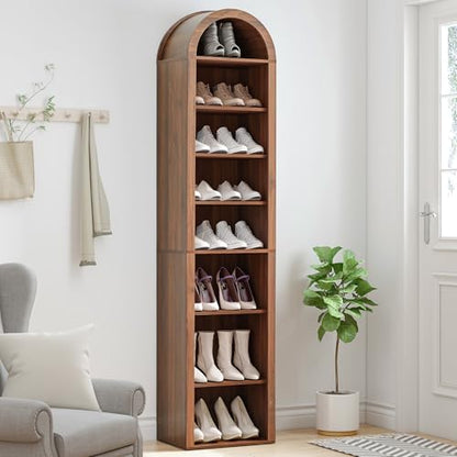 Turtle&Myrtle Tall Narrow Arched Bookshelf, Walnut, 70 x 15.75 inch | Skinny Arch Book Shelf, Slim Open Display Shelves for Small Space, Tall Thin Bookshelf with Adjustable Shelves - color: Walnut, size: 11.8"D x 15.75"W x 71"H