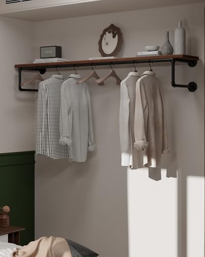 Clothes Rack 60in, Wall Mounted Garment Racks with Real Wood Shelf, Heavy Duty Hanging Clothes Rack, Multi-Purpose Hanging Rod, Space-Saving Closet Storage - color: Brown, size: 1T60IN