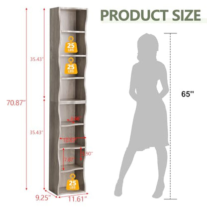 Skinny Tall Bookshelf, 8 Tiers Ultra Slim Bookshelf, Tall Narrow Bookcases, for Living Room, Office, Small Space, Adjustable Shelves, A Wavy Border Design, 11.6'' X 9.3'' X 70.9'' (Gray) - color: Grey