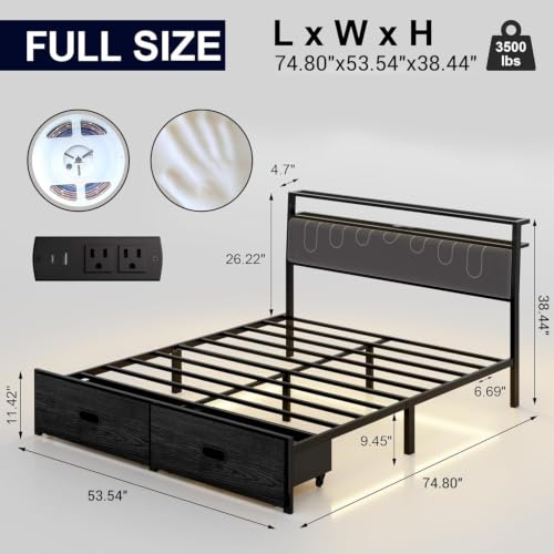 Full Bed Frame with 2 Drawers, Platform Bed Frame with LED Lights and Charging Station, Upholstered Headboard, Heavy Duty Metal Slats, No Box Spring Needed, Noise Free, Easy Assembly - size: Full, style: Fashion