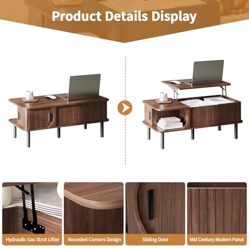 Lift Top Coffee Table,Wooden Rectangle Coffee Table with Hidden Storage Space,Metal Handles,Metal Legs,Mid Century Modern Style,Suitable for Living Room,Office,Apartment. (A-Lift Coffee Table-Walnut) - color: A-lift Coffee Table-walnut
