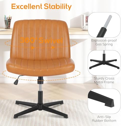 DUMOS Criss Cross Chair No Wheel Legged Office Wide Comfy Desk Vanity Chair, Armless Computer Task Seating PU Leather, Swivel Home Height Adjustable for Bedroom, Study, Brown No Wheel - color: Brown No Wheel