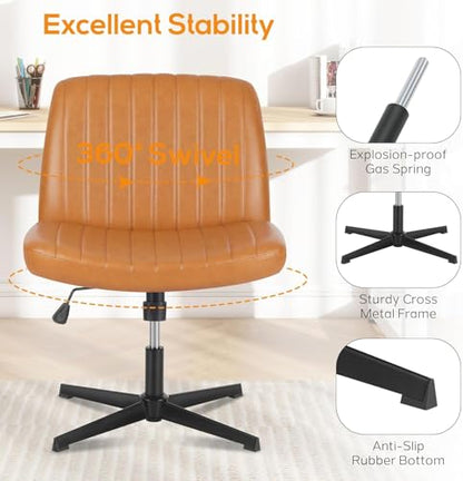 DUMOS Criss Cross Chair No Wheel Legged Office Wide Comfy Desk Vanity Chair, Armless Computer Task Seating PU Leather, Swivel Home Height Adjustable for Bedroom, Study, Brown No Wheel - color: Brown No Wheel