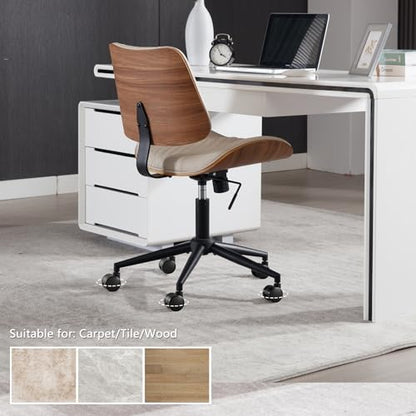 Home Office Chair No Arms with Wheels, Adjustable Height Small Desk Chair, PU Leather Mid Back 360 Swivel Computer Chair, Armless Modern Walnut Chair for Office, Reading Meeting Room(Beige) | Adjustable Height Small Desk Chair, PU Leather Mid Back 360 Swi