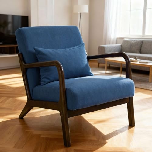 Mid Century Modern Accent Chair with Wooden Frame & Linen Upholstery, Comfortable Mid Century Lounge Chair with Pillow, Wooden Accent Chair for Living Room, Bedroom or Reading Corner - color: Navy Blue (Linen + Walnut Finish), size: 1-Piece
