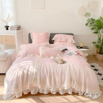 IHOUSTRIY Lace Duvet Cover Twin Size, Chiffon Ruffled Beddding Set with Flower, 2 Pieces Comforter Cover Set with Zipper Closure, Girl Princess Bedding with Pillowcase - Pink, Twin - color: Pink, size: Twin