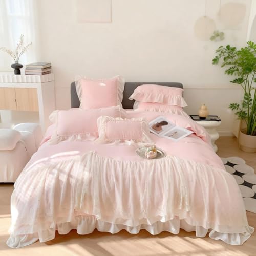 IHOUSTRIY Lace Duvet Cover Twin Size, Chiffon Ruffled Beddding Set with Flower, 2 Pieces Comforter Cover Set with Zipper Closure, Girl Princess Bedding with Pillowcase - Pink, Twin - color: Pink, size: Twin