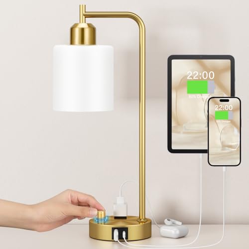 Innqoo Gold Lamp for Bedroom - Industrial Bedside Table Lamp with USB Port and Outlet, Fully Dimmable Nightstand Lamp with Opal Glass Shade, Small Desk Lamps for Home Office - color: Gold Base&Opal Shade