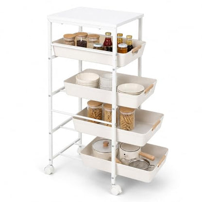 Garvee 5-Tier Slim Rolling Storage Cart, 12.6" Wooden Top Narrow Kitchen Carts on Wheels with Pull-Out Baskets, Mobile Shelving Unit Organizer for Kitchen, Bathroom, Laundry Room, Small Spaces