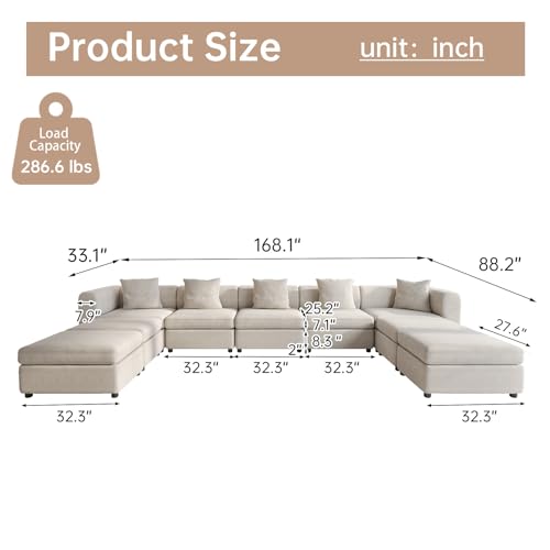 168.1" Velvet Sectional Sofa with 5 Pillows, Convertible U-Shaped Couch with Cushions, Oversized Sectional Cloud Sofa with 4 Storage Ottoman, 9 Seaters Sofa Couch for Living Room, Beige - size: 9 Seaters(With Ottoman)