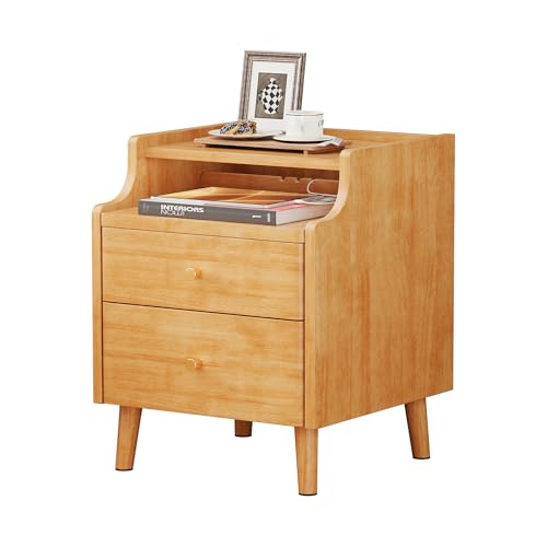 Nightstand with Drawers, 15.7" Solid Wood Side Table for Bedroom, Modern Bedside Table with Pull-Out Tray & Cable Management, Natural - color: Natural, size: 16"