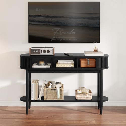 LINSY Fluted Console Table with Storage and Shelves, Black | Entryway Table, Wood Entrance, Behind Couch Sofa Table, Foyer Tables for Hallways, Living Room Boho Furniture, Narrow Long - color: Black