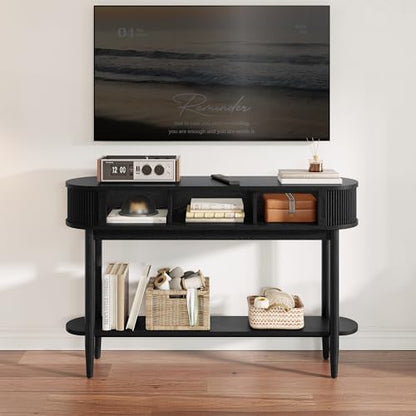 LINSY Fluted Console Table with Storage and Shelves, Black | Entryway Table, Wood Entrance, Behind Couch Sofa Table, Foyer Tables for Hallways, Living Room Boho Furniture, Narrow Long - color: Black