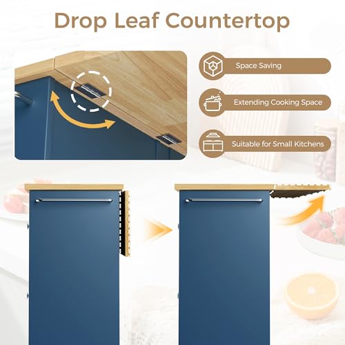 QAQA 40" Kitchen Island Cart Furniture cart on Wheels Rolling Portable Dining Room Serving Utility Carts Mobile Movable with Drawers Cabinet,Blue - color: Blue, size: 40-IN