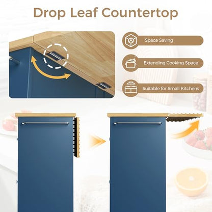 QAQA 40" Kitchen Island Cart Furniture cart on Wheels Rolling Portable Dining Room Serving Utility Carts Mobile Movable with Drawers Cabinet,Blue - color: Blue, size: 40-IN