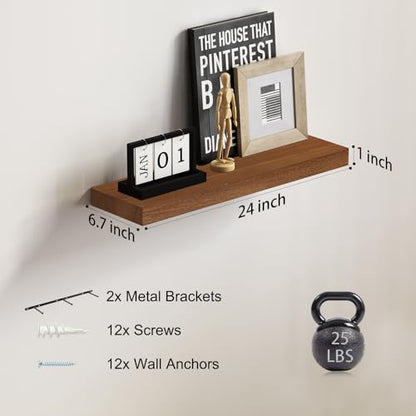 SAUMONIERES Floating Wall Shelves for Bedroom Bathroom Wall Mounted Solid Wood Shelf 24 Inch Set of 2, Walnut Floating Shelves - color: Walnut, size: 24 Inch-2 shelves