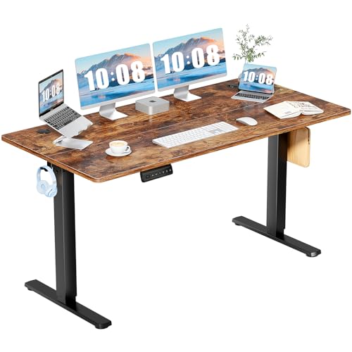 DUMOS 63 Inch Electric Standing Desk, Memory Adjustable Home Office Desk | Sit Stand Up Desk for Work Home Office,Adjustable Desk, Rising Computer Table with Splice Board,Cable Management,Hook,Brown - color: Rustic, size: 63-Inch