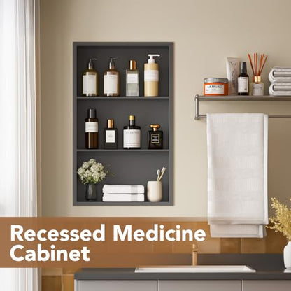 14x24 Recessed Medicine Cabinet, Bathroom Wall Cabinet, 304 Stainless Steel Recessed Wall Niche with 3-Tiers Shelves, Matte Gray - color: Matte Gray, size: 14'' x 24''