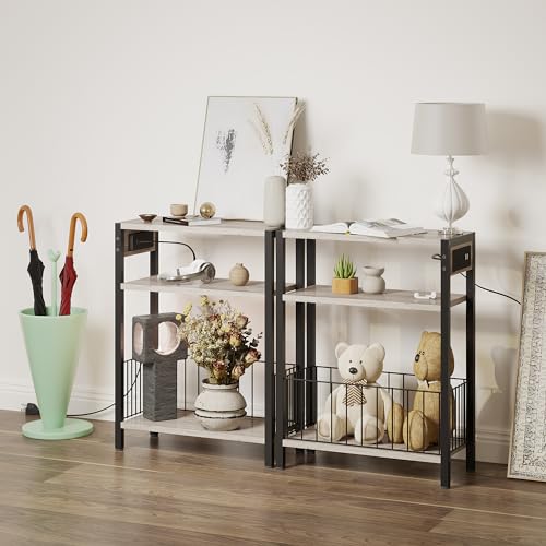 TRIFEBLE Narrow Side Table with Charging Station, Small End Table for Small Spaces, Slim Nightstand with Storage Basket, 3 Tier Skinny Bedside Table for Living Room, Bedroom, Greige - color: Greige