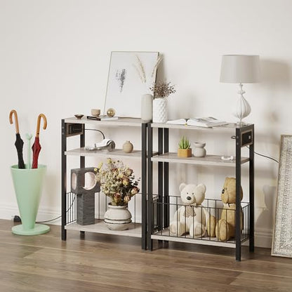 TRIFEBLE Narrow Side Table with Charging Station, Small End Table for Small Spaces, Slim Nightstand with Storage Basket, 3 Tier Skinny Bedside Table for Living Room, Bedroom, Greige - color: Greige