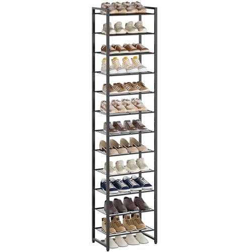 Nunsino Narrow Shoe Rack, 12-Tier Metal Shoe Organizer,Tall Shoe Shelf with Anti-Tip Strap, Max Holds 26 Pairs,Space Saving for Closet,Entryway,Black - color: Black, size: 12 Tier