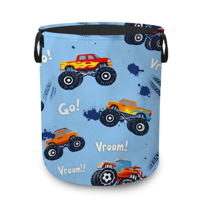 Blue Truck Collapsible Laundry Hamper,Racing Theme Waterproof Oxford Cloth Clothes Basket with Handles for Bathroom Bedroom Nursery Dorm Room,16" x 20" - color: Blue Truck,Racing Theme