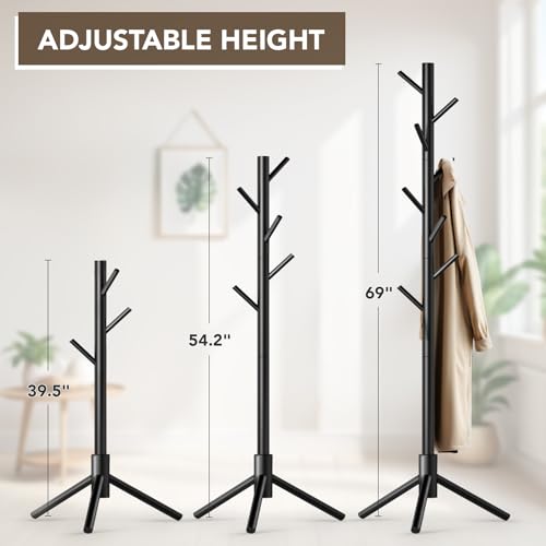Hupmad Wooden Tree Coat Rack Stand,Sturdy Freestanding Coat Rack with 8 Hooks,3 Adjustable Height for Child Adult,Wood Coat Stand Tree Fits Entryway Bedroom Office for Bags,Hats - color: Black, size: 1 PC