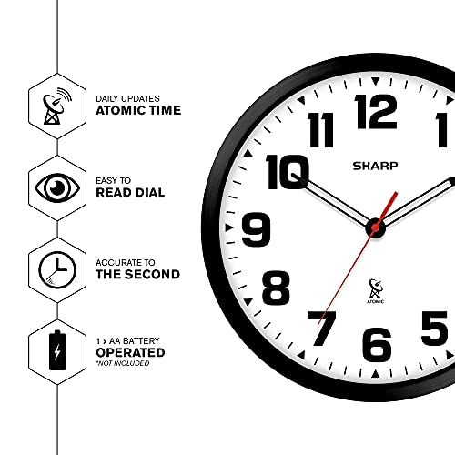 Sharp 12-Inch Atomic Wall Clock, Battery Operated, White with Black Frame | Self-setting atomic time; Easy-read analog face; Automatic time adjustment; Simple setup; Versatile home or office style - color: Black / White, size: Large