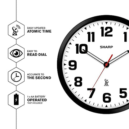 Sharp 12-Inch Atomic Wall Clock, Battery Operated, White with Black Frame | Self-setting atomic time; Easy-read analog face; Automatic time adjustment; Simple setup; Versatile home or office style - color: Black / White, size: Large
