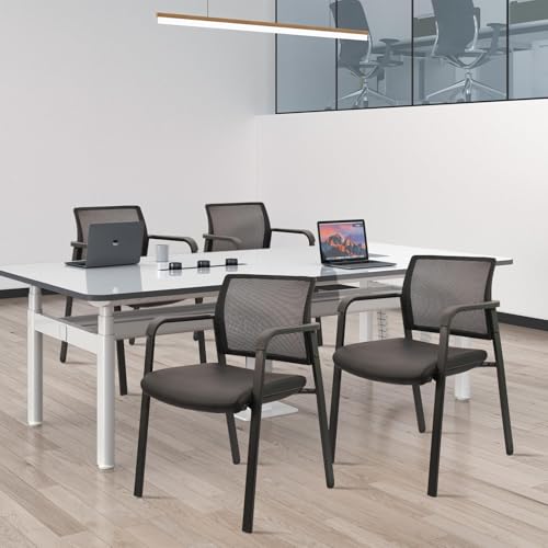 CLATINA Stackable Office Chair, Mesh Back Guest Chairs with Comfortable Leather Seat Arms Stacking Ergonomic Desk Chair No Wheels for Conference Waiting Reception School Stationary, Black, Set of 4 - color: Black Leather, size: 4 pack